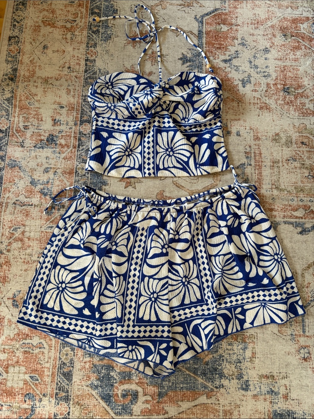 H&M Blue and White Floral Cropped Bustier Top & Shorts Set